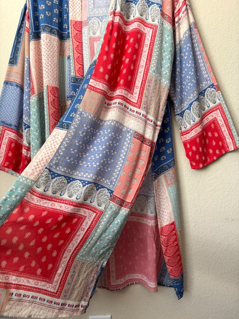 Wonderly L/XL Boho Patchwork Printed Longline Open Front Kimono Duster - Picture 6 of 10